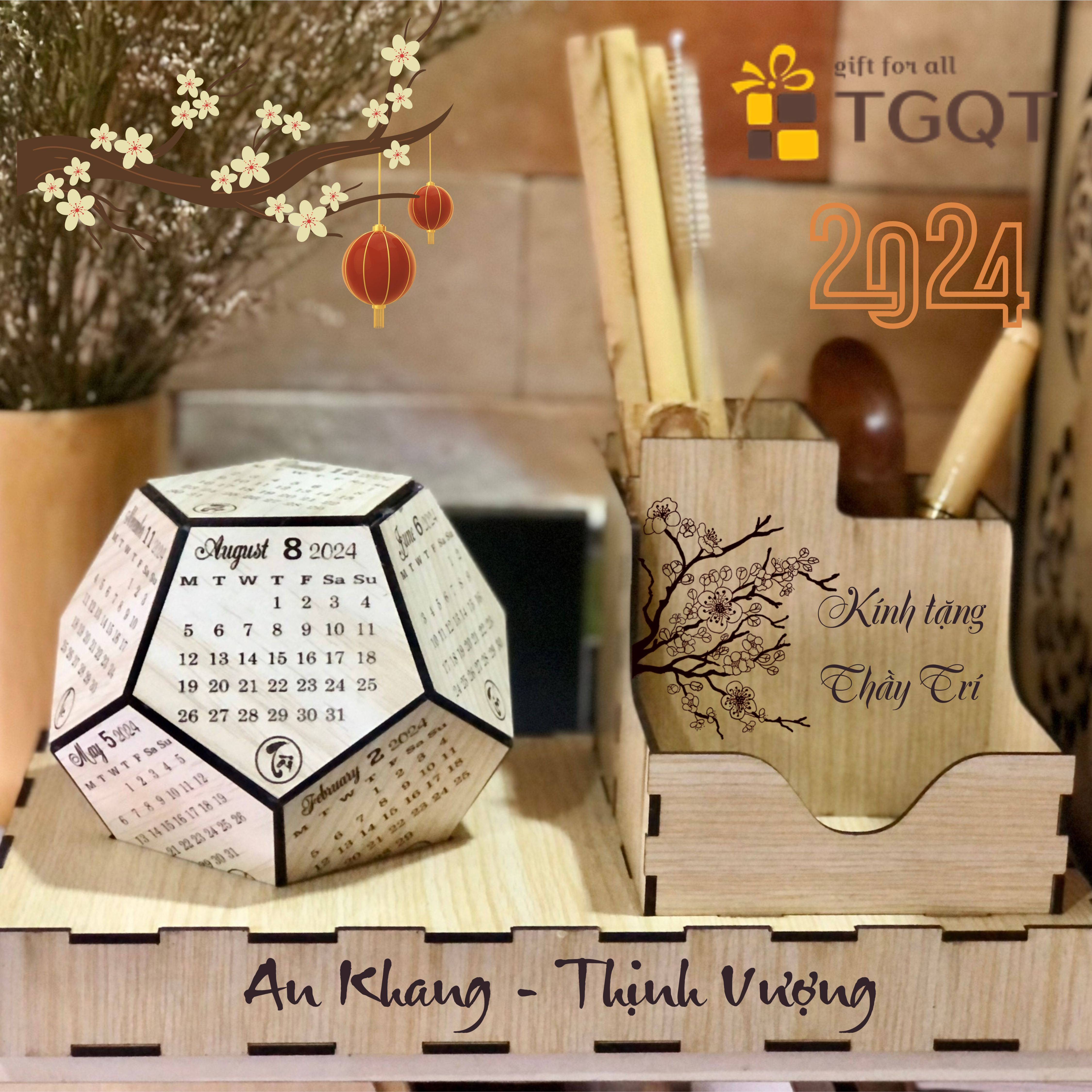 Lịch gỗ Giáp Thìn 2024 để bàn - lịch gỗ 12 mặt ngũ giác - quà tết ý nghĩa - quà tặng doanh nghiệp