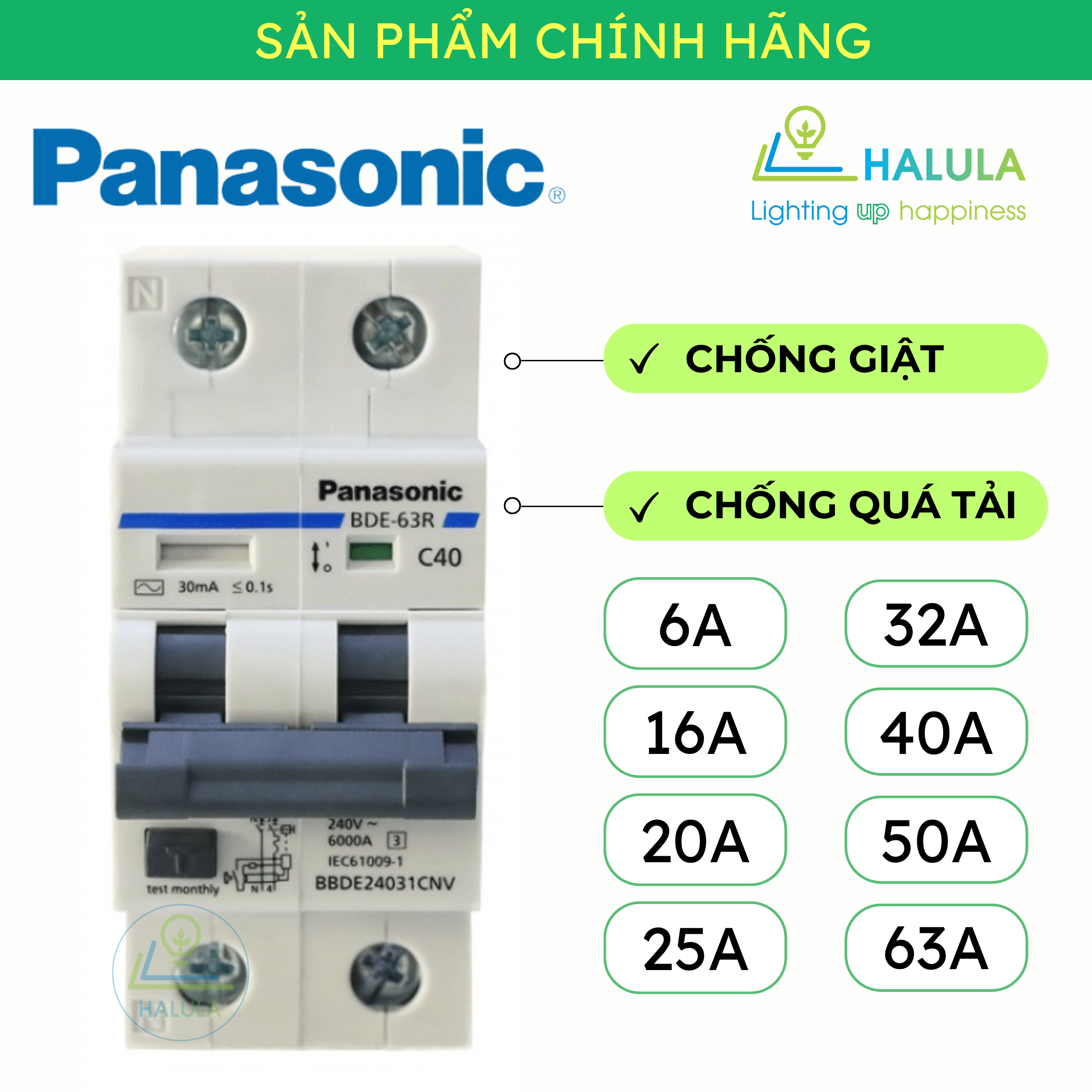 CB chống giật RCBO 2P 30mA Panasonic