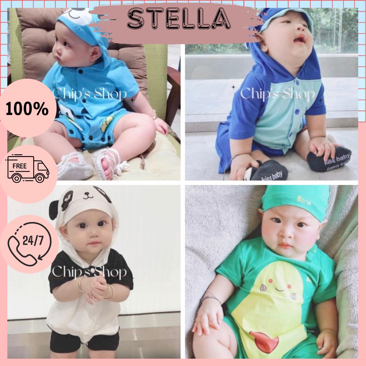 Body đùi nón liền hình thú cho bé trai, bé gái. Size sơ sinh 3 - 15kg. Body không kèm tất