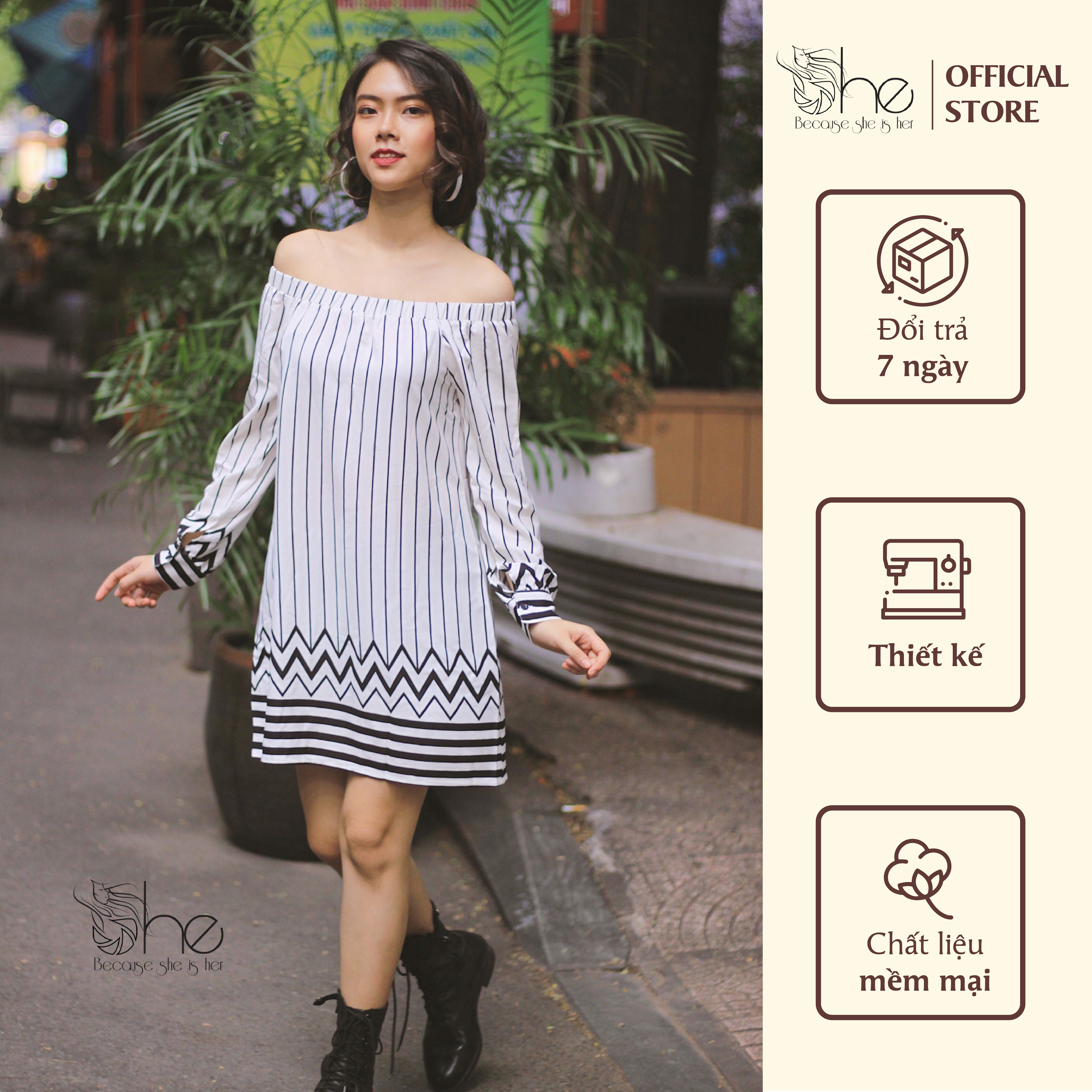 Đầm nữ bẹt vai sọc She, váy đầm cá tính thời trang cho nữ SDX02