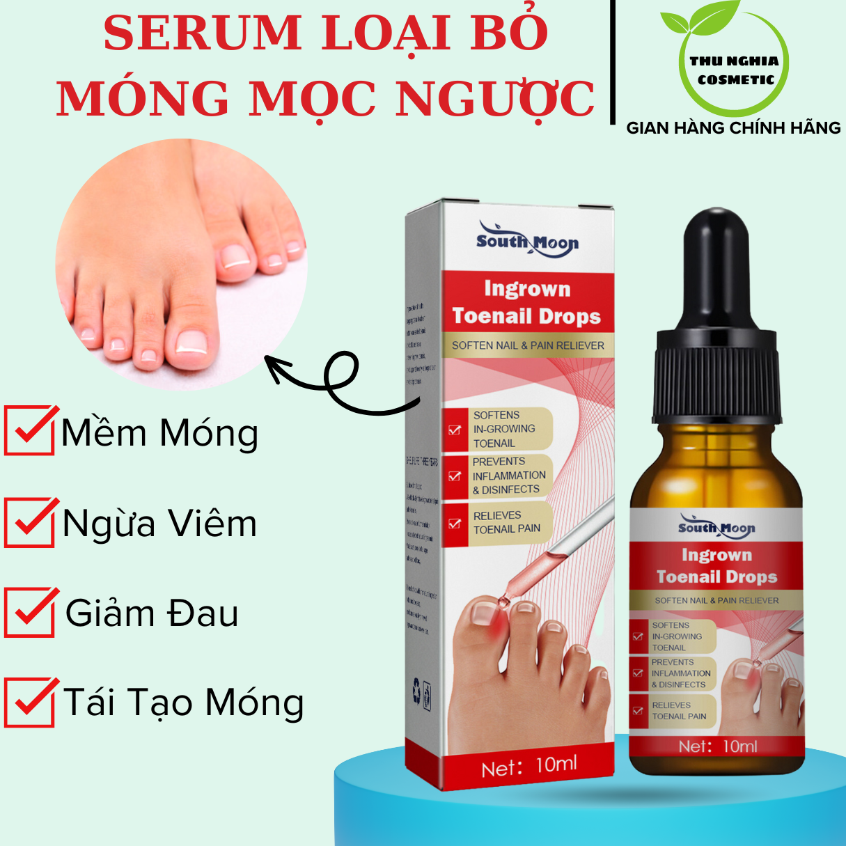 Tinh chất phục hồi, giảm đau do móng chân bị mọc ngược, vệ sinh sạch ngón chân, khử mùi, khử khuẩn, ngừa viêm, đồng thời làm trắng móng