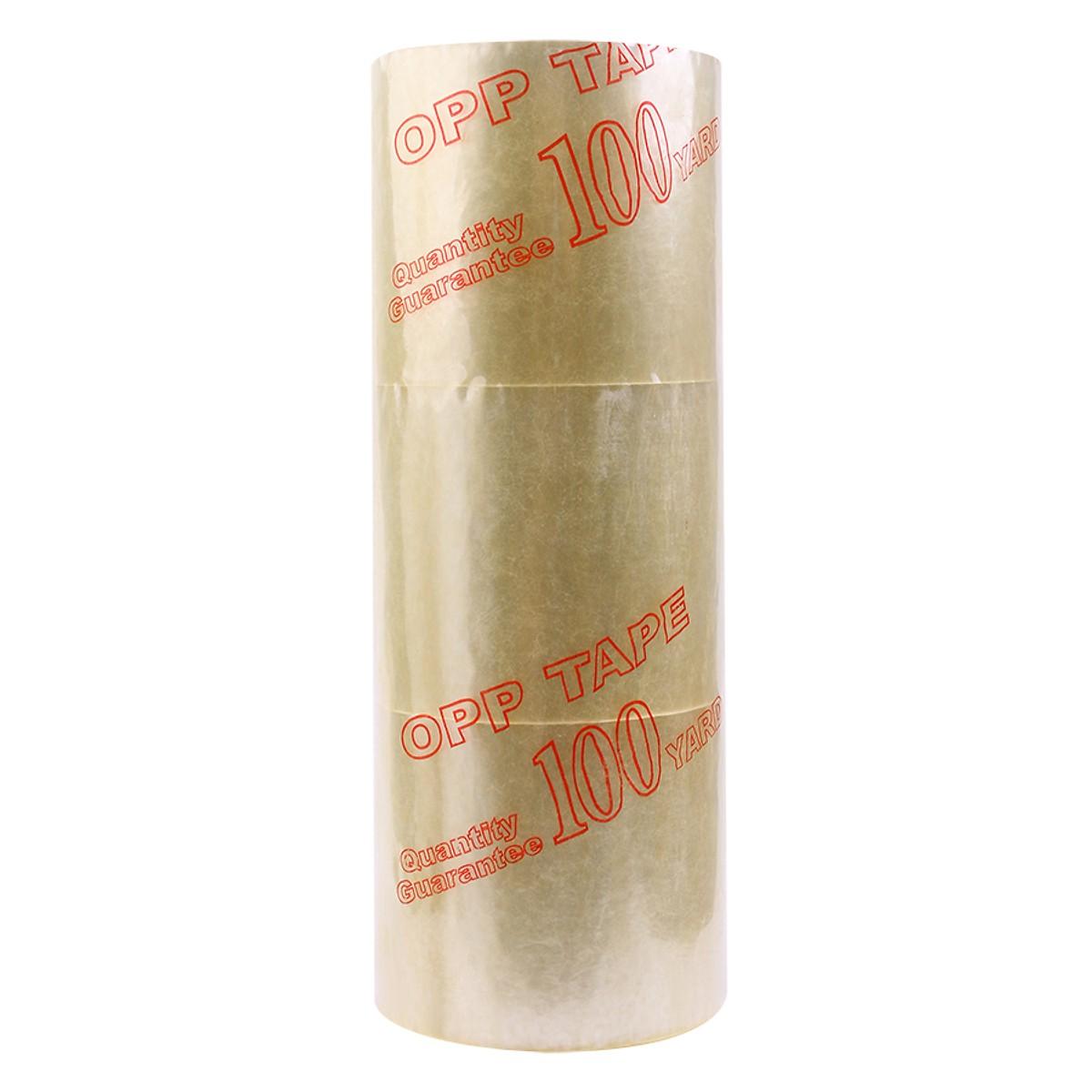 Lốc 6 cuộn băng keo trong 4P8 (lớn), dài 100 yard, độ dính 50 mic, trọng lượng 1.000 gram