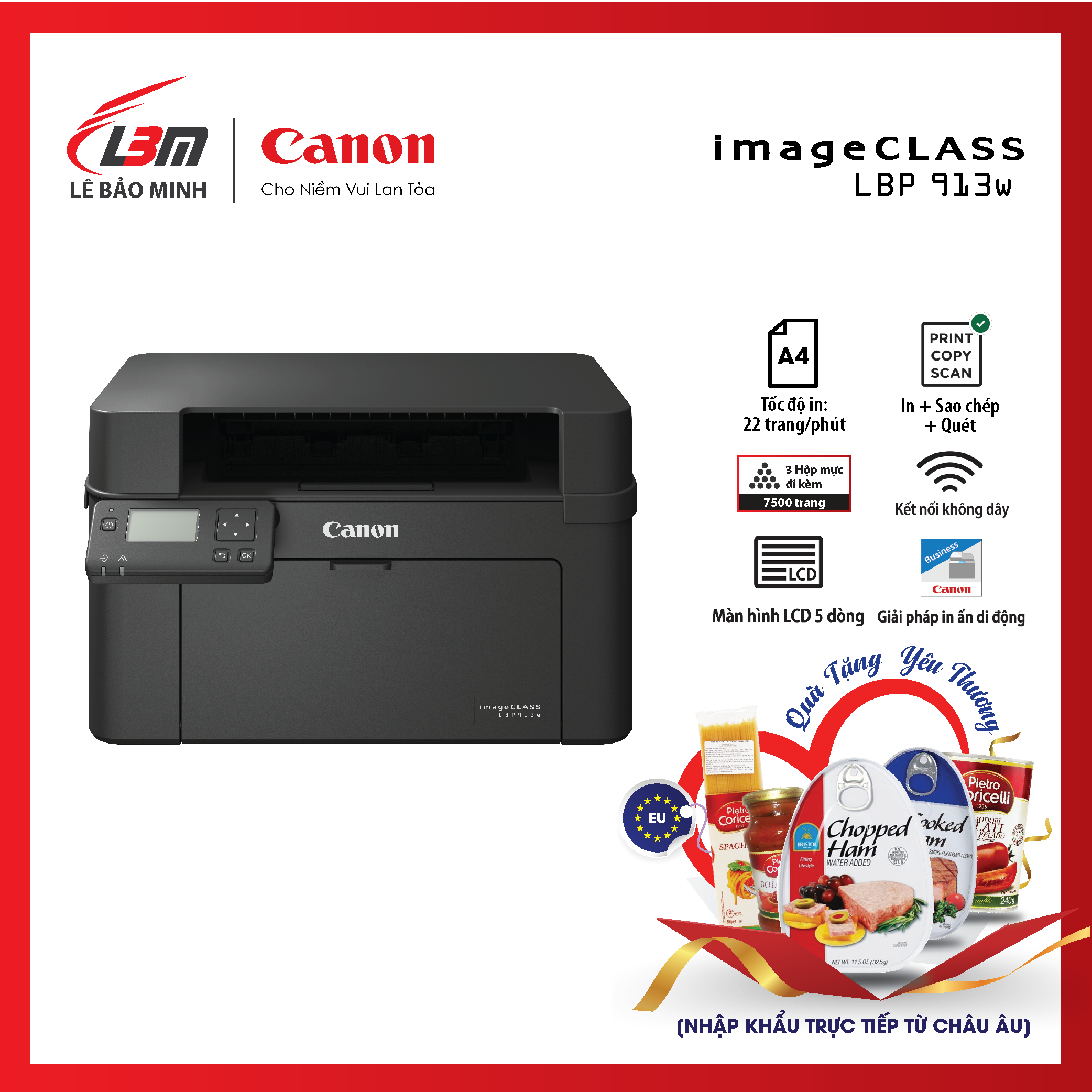 Máy in laser đơn năng Canon LBP913w - tặng kèm 3 hộp mực Hàng chính hãng Lê Bảo Minh