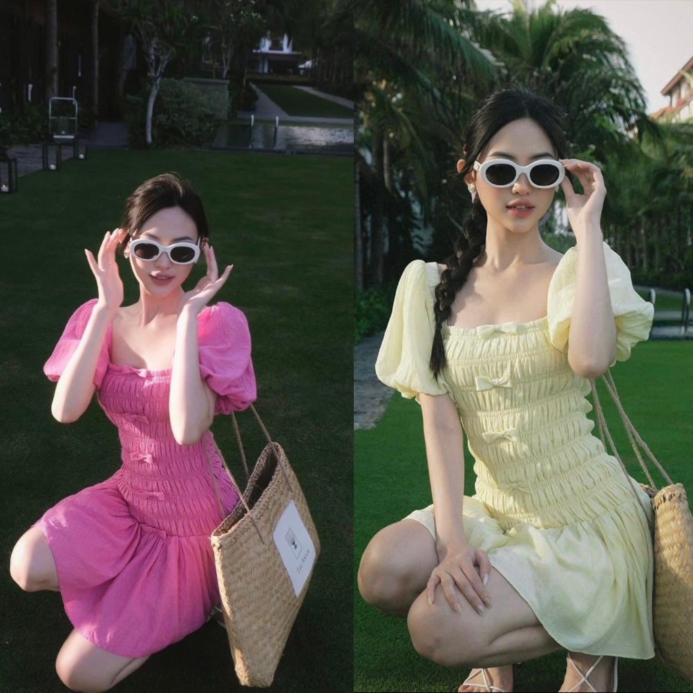 Váy nhún eo cổ vuông tay bồng siêu xinh- đầm nữ xinh xắn