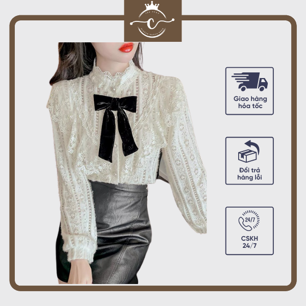 Sp15 áo ren cổ cao áo sơ mi ren phối nơ đen xinh xắn sang chảnh, siêu xinh tiểu thư hàng