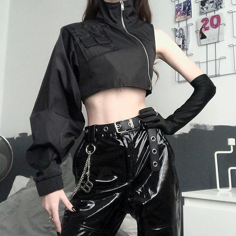Áo croptop một cánh tay cổ lọ khóa kéo cá tính
