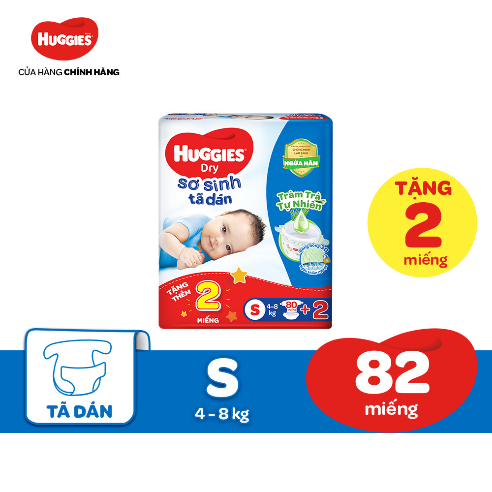 Tã dán sơ sinh huggies dry s80 + 2 miếng