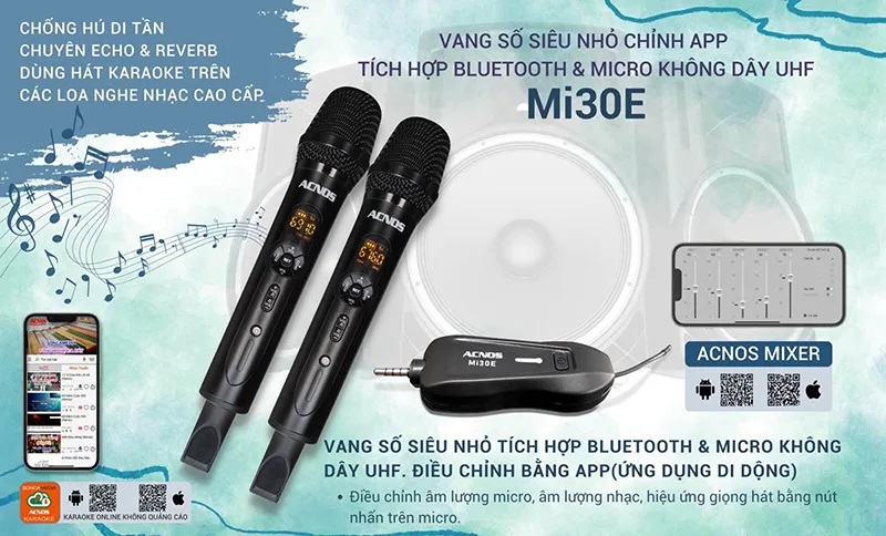 Chính hãng | micro acnos mi30e - 2 micro uhf , micro karaoke liền vang chất âm hay tuyệt vời, chống hú và chống rít, đa năng hiện đại, chỉnh âm lượng, mic bass, mic treble, echo, set tần số trên mic , tương thích với mọi thiết bị