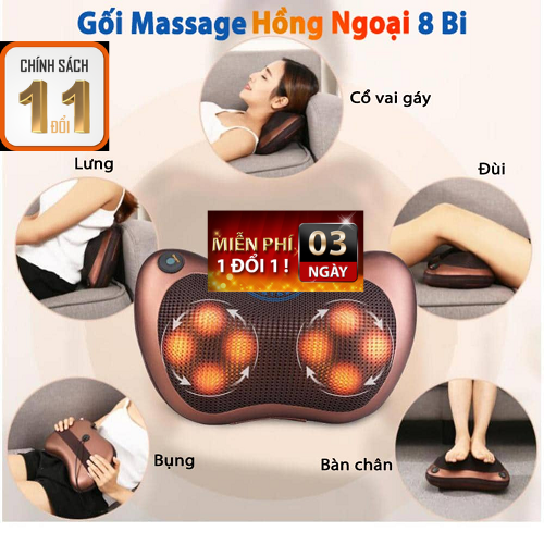 Gối massage hồng ngoại 8 bi cao cấp, máy massage cổ, vai gáy toàn thân, đảo chiều, bảo hành 12 tháng
