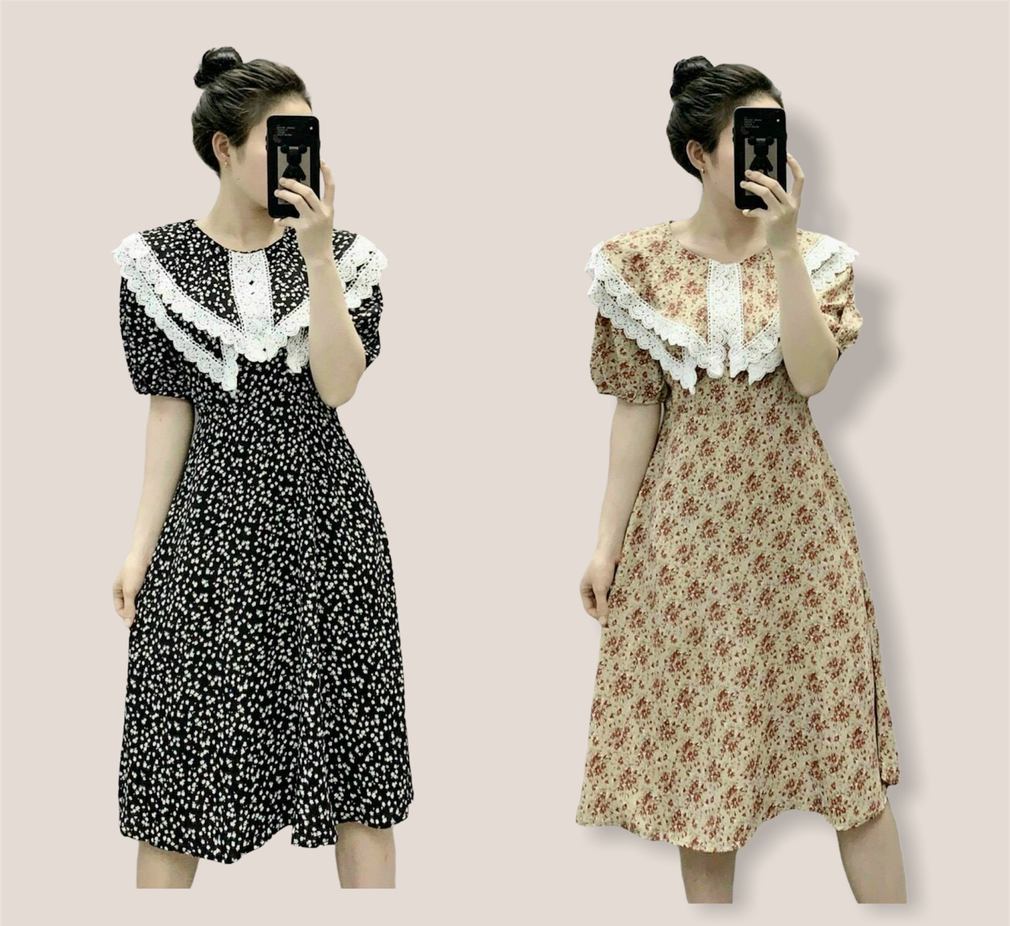 Đầm hoa nhí, váy hoa nhí vintage cổ phối ren bản to Freesize 57kg