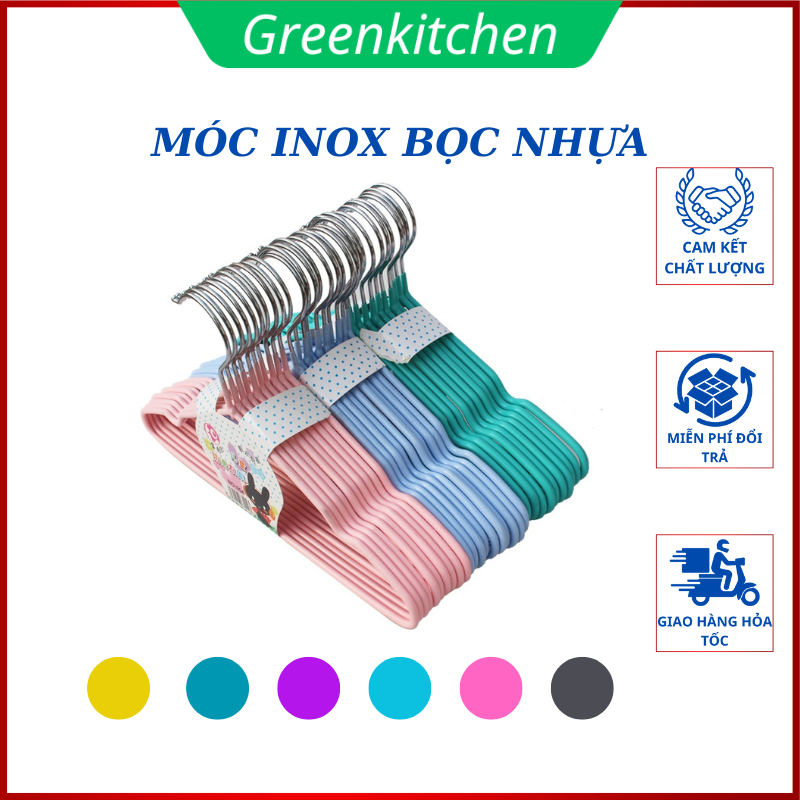 Mắc treo quần áo, móc inox bọc nhựa chống trơn, kích thước người lớn, trẻ em - Set 10 chiếc