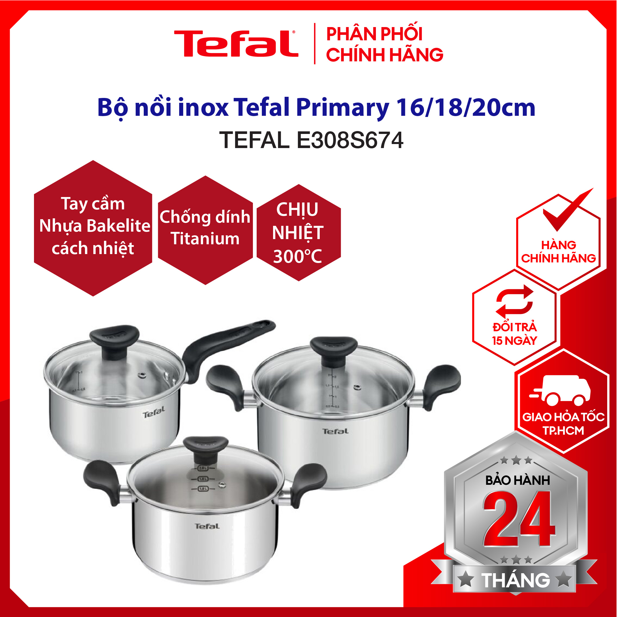 |HỎA TỐC 2H| Bộ nồi inox, nồi không gỉ Tefal Primary 16/18/20cm 3 cái (E308S674), dùng được tất cả các mặt bếp, quánh 16cm - 1.5L, nồi 18cm - 2.2L, nồi 20cm - 3L, bảo hành 10 năm