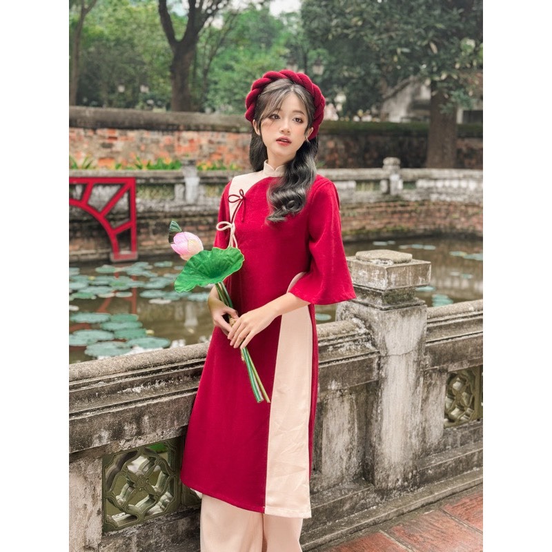 Set áo dài cách tân nữ S.176, Set áo dài cách tân nữ phối 2 màu cổ tàu tay lửng dáng rộng có 2 nơ ng