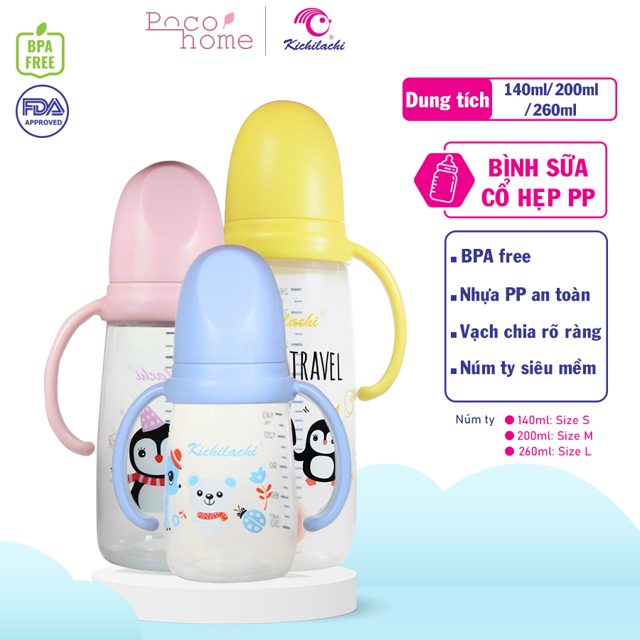 [HCM]Bình Sữa Cho bé từ 3 tháng nhựa PP an toàn thiết kế cổ hẹp có tay cầm Kichilachi 140ml/200ml