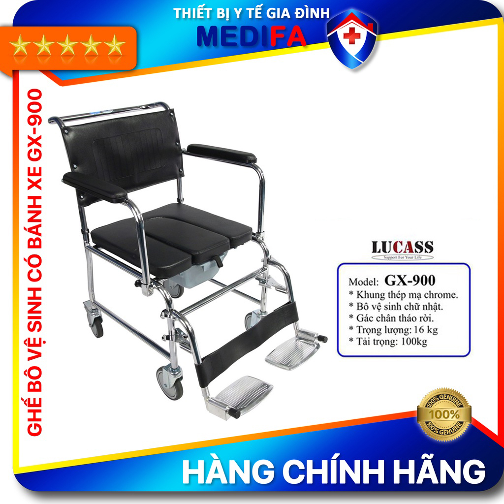 Ghế bô cho người già, người ốm lucass gx-900 có đệm, bánh xe, gác chân - như 1 chiếc xe lăn
