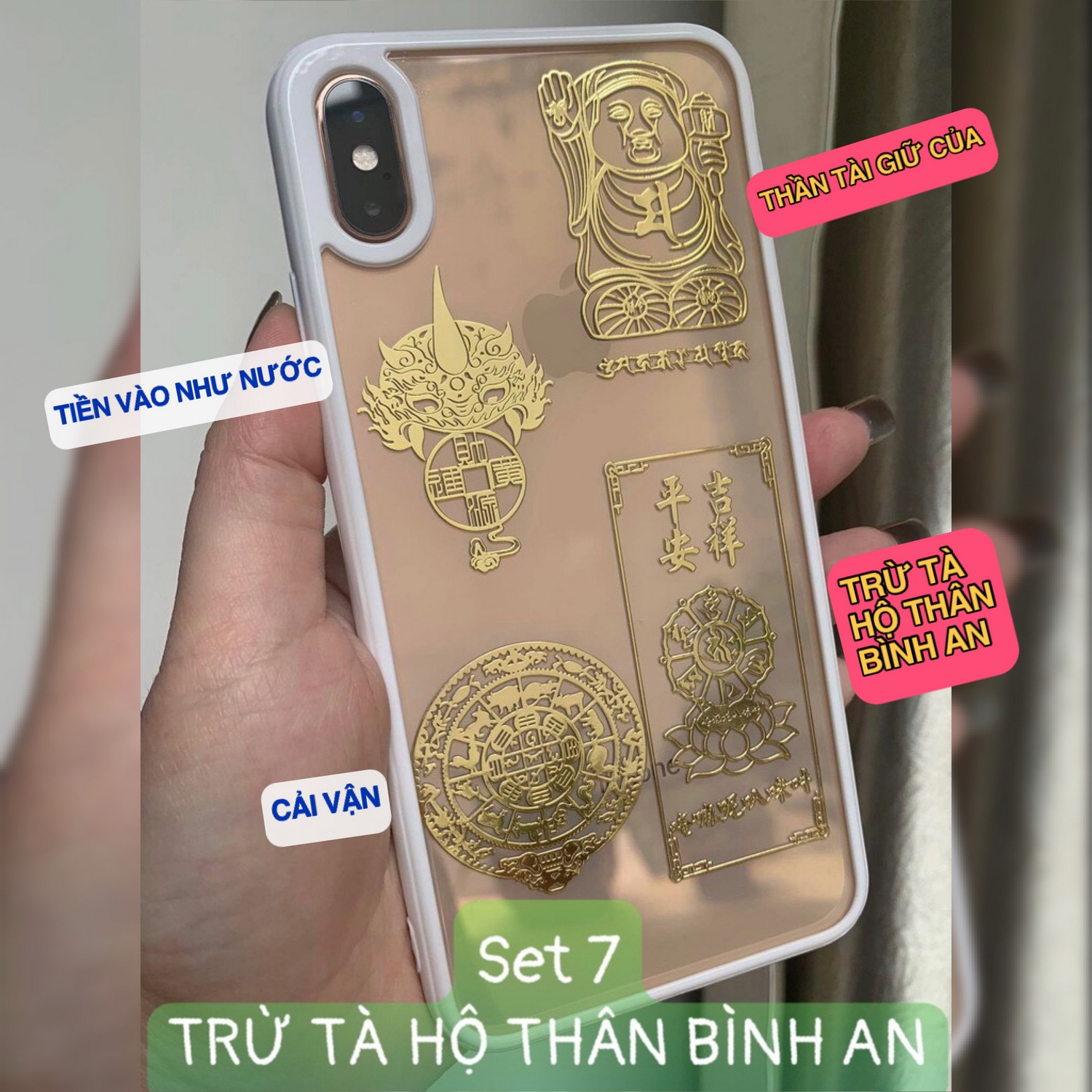 {GIÁ TỐT} Bộ 4 Miếng Dán Điện Thoại May Mắn TRU TA HỘ THẦN BÌNH AN Tài Lộc Phù Hợp Phong Thuỷ Đẹp Lung Linh