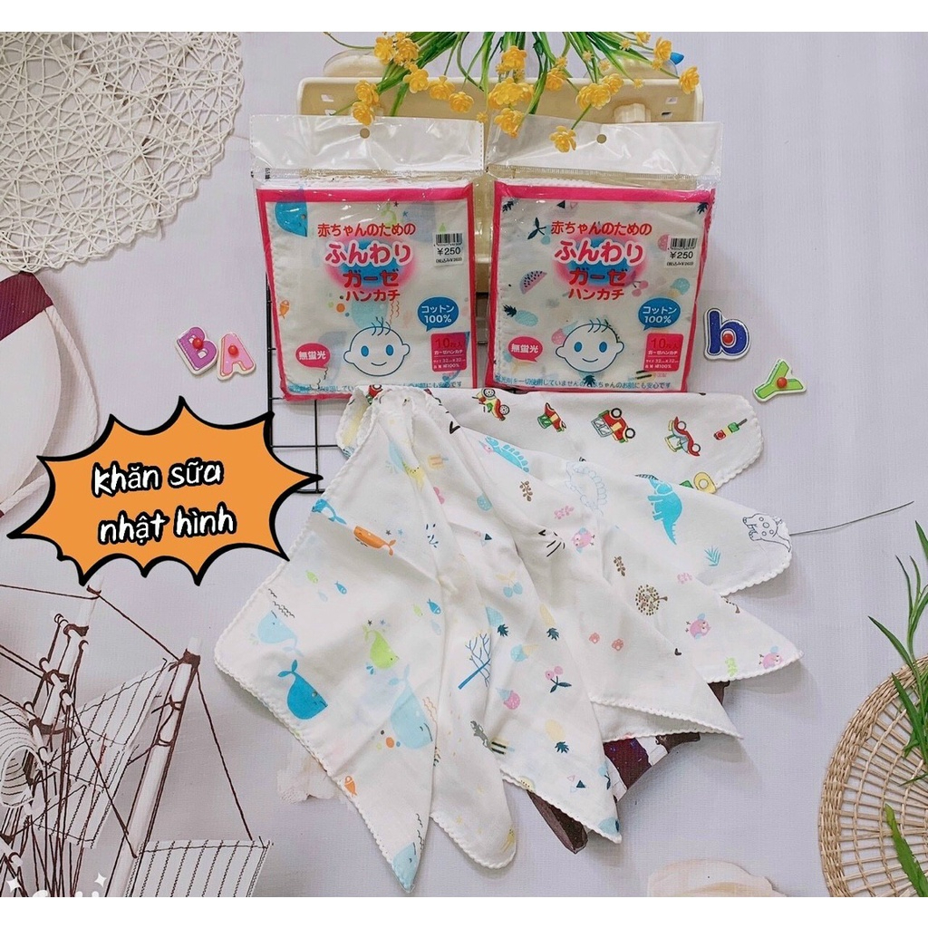 Khăn sữa hoa xuất Nhật, chất vải cotton mềm mịn kích thước 32x32 loại đẹp. Túi 10 khăn
