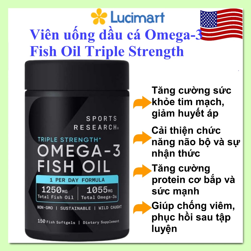 Viên uống dầu cá Omega-3 Fish Oil Triple Strength Sports Research [Hàng Mỹ]