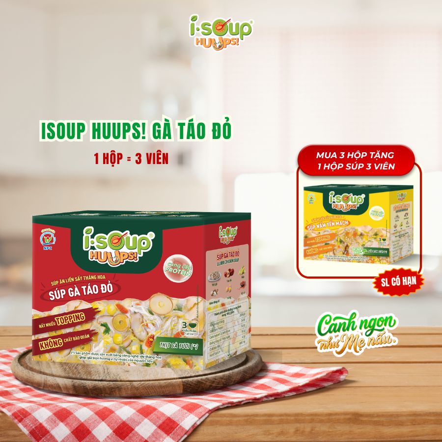 ISOUP HUUPS! – SÚP GÀ TÁO ĐỎ (HỘP 3 VIÊN)- Súp Ăn Liền Sấy Thăng Hoa