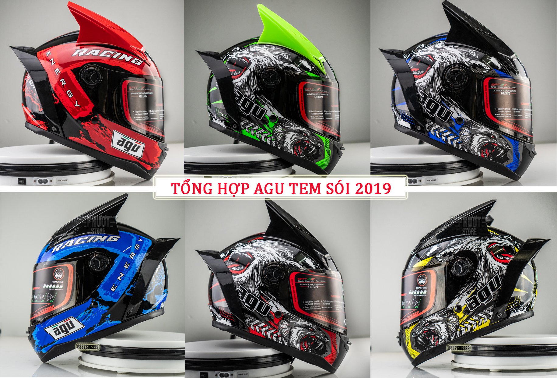 Nón Fullface AGU Tem mới đủ màu săc,có đuôi gió và tai rùa, tặng túi đựng nón
