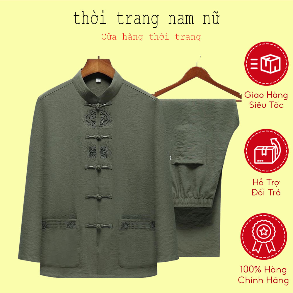 Bộ Mùa Hè Cho Người Trung Niên Và Già Trang Phục Nhà Đường Áo Sơ Mi Tay Dài Nam Trang Phục Tập Luyện Buổi Sáng Cỡ Lớn Cho Bố Thêu Áo Hán Phục Ông Nội Quần Áo
