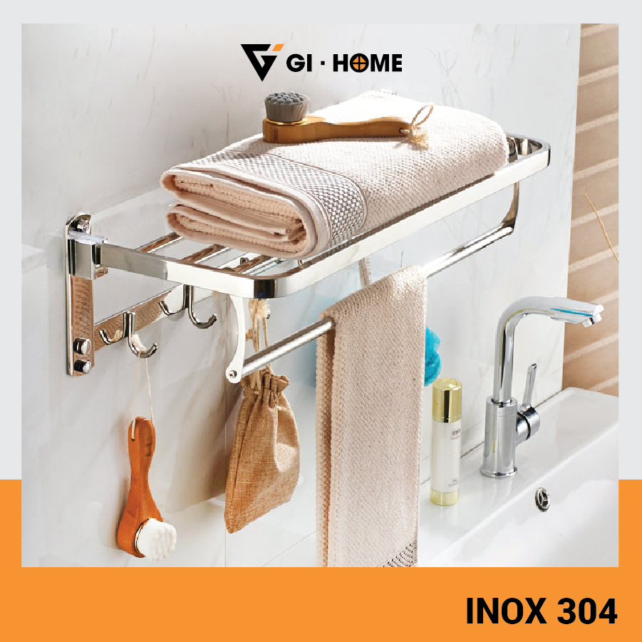 Giàn Treo Khăn GIHOME Inox 304 Khoan Tường Và Dán Tường Kèm 6 Móc Treo Tiện Lợi