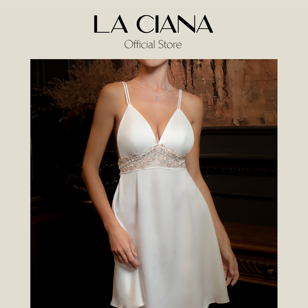 Silk nightdress with leavers lace váy ngủ lụa cao cấp hai dây - dre 00001 - la ciana - màu trắng