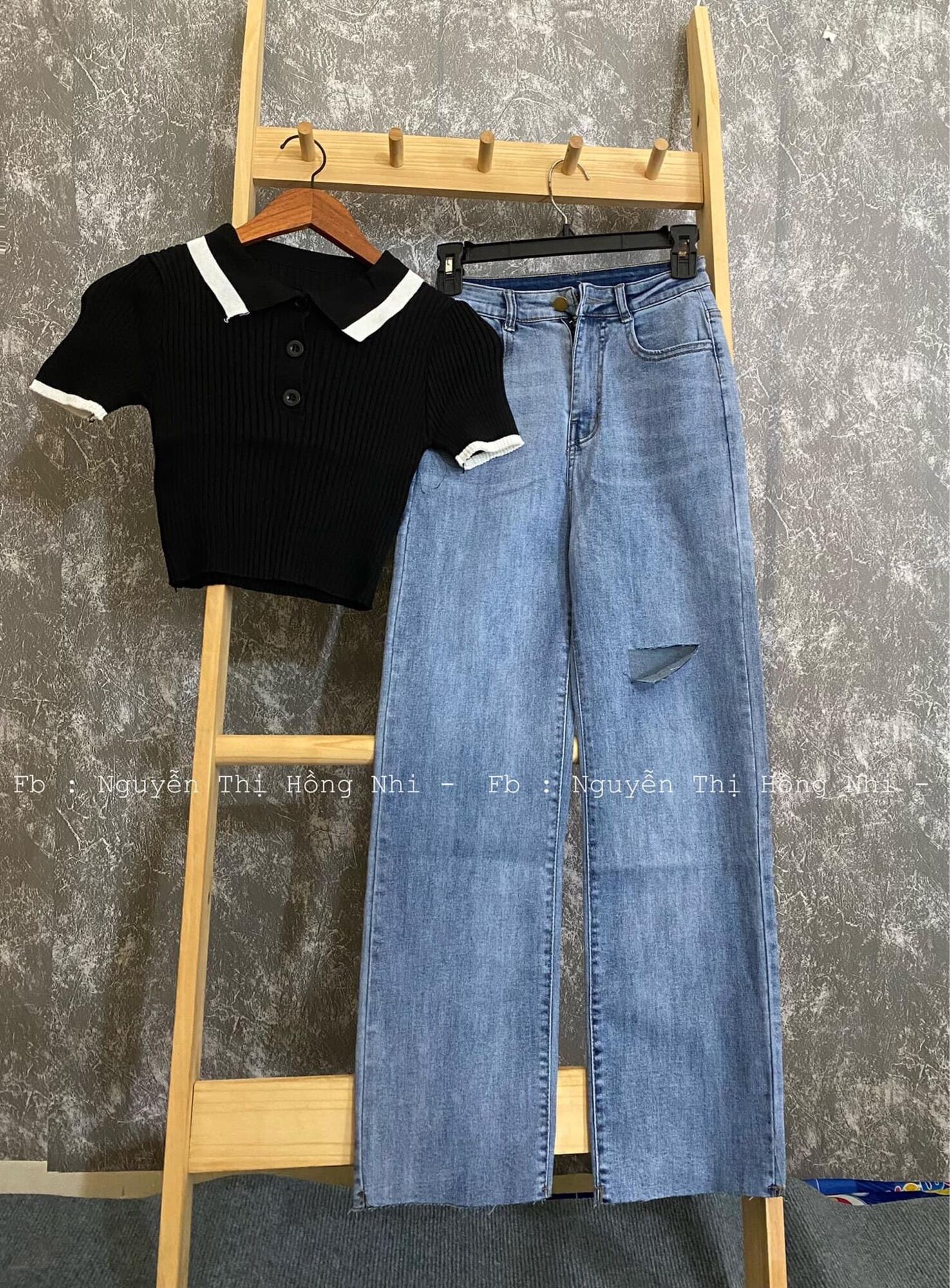 Set Baggy Jeans Ống Suông Tua Lai Rách L + Crop Petter Phối Viền