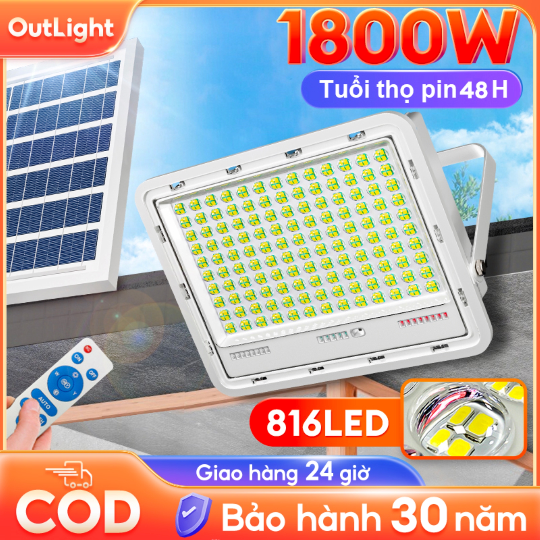 Đèn Năng Lượng Mặt Trời 1800W Siêu Sáng Đèn pha led có cảm biến tự động dây nối có remote Chống Nước Siêu Tiết Kiệm Điện Năng Đèn