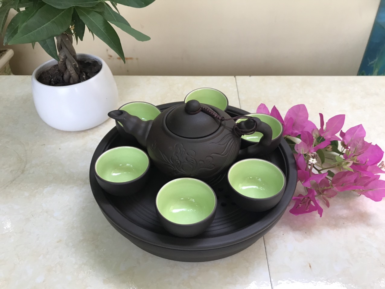 Bộ âm chén tử sa Bát Tràng - Ấm gại phù dung 250ml kèm khay đựng nước