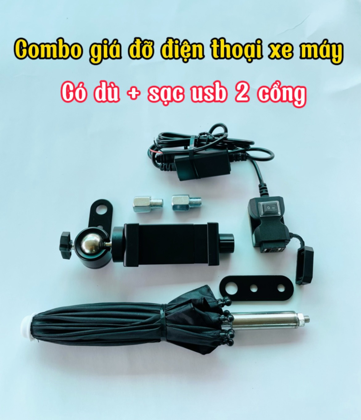 Combo giá đỡ điện thoại xe máy có sạc usb 2 cổng + dù mini