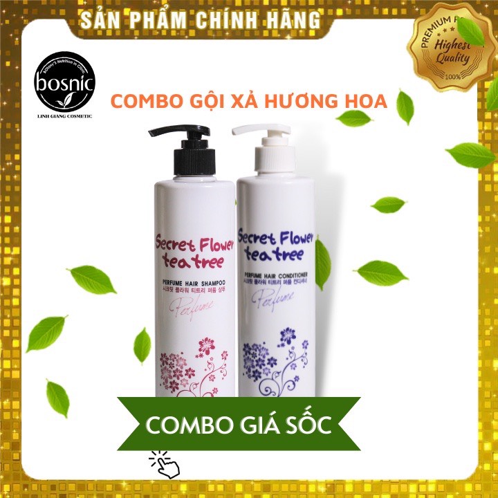 Combo Gội Xả Hương Hoa Phục Hồi Hư Tổn Bosnic - Secret Flower Tea Tree 500ml - Chính Hãng Hàn Quốc