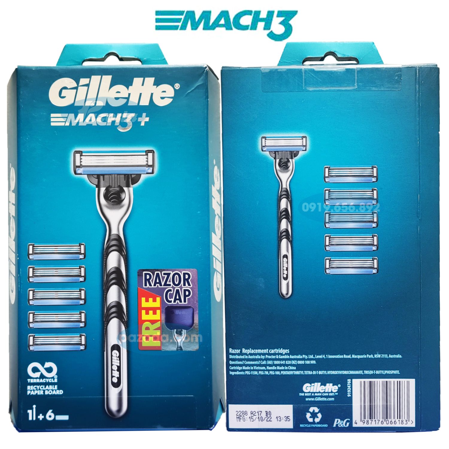 Hộp dao cạo râu 3 lưỡi Gillette Mach3 (1 tay cầm và 6 đầu cạo)