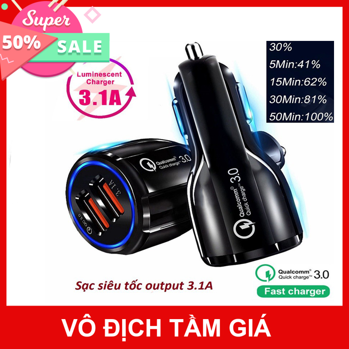 Tẩu sạc ô tô qc3.0 2 cổng usb 5v/3a củ sạc nhanh cho ô tô