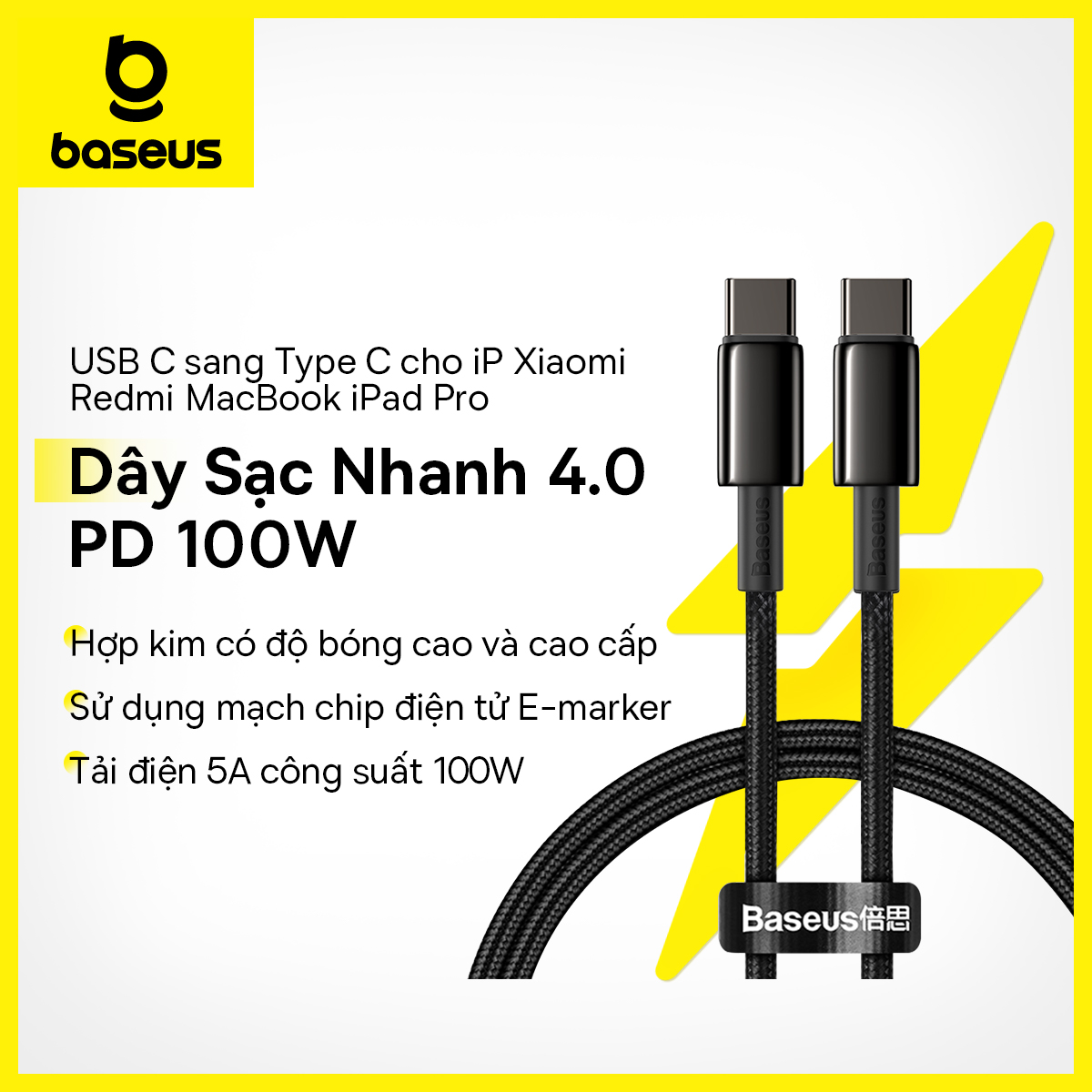 Dây cáp sạc nhanh Baseus cho iP 15 Xiaomi Redmi Note 8 MacBook iPad Pro đầu USB C sang Type C tốc độ nhanh 4.0 PD 100W