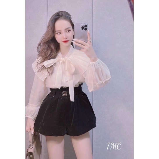 Áo sơ mi voan phối dập ly cổ cột nơ công chúa