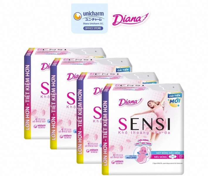 [TỪ 14-07 QUÀ TẶNG HẤP DẪN] (Sản phẩm cải tiến) Combo 4 gói băng vệ sinh Diana Sensi siêu mỏng cánh 20 miếng/gói