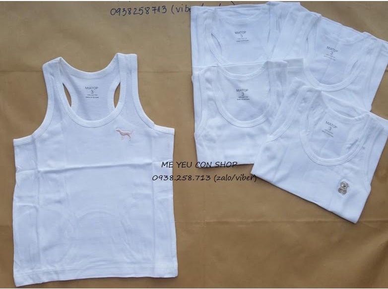 Áo ba lỗ trắng thêu hình miatop cho bé 8-25kg