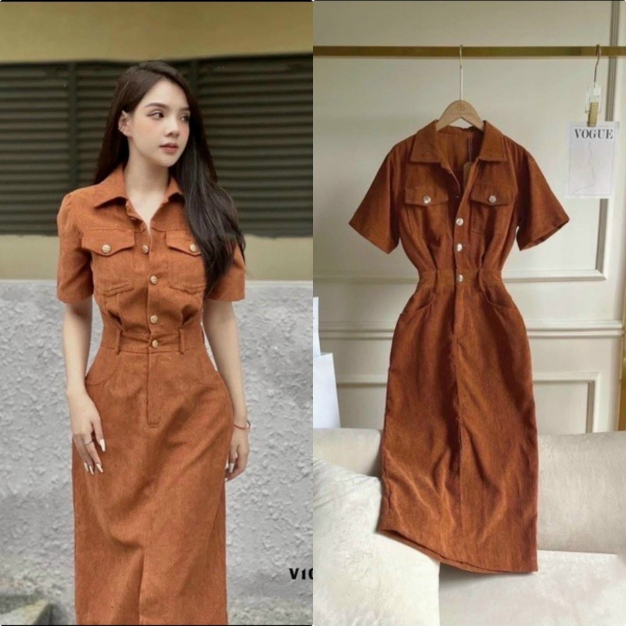 Váy đầm nữ dáng suông xẻ tà tay ngắn cổ sơmi cài nút thật chất tăm nhung cao cấp