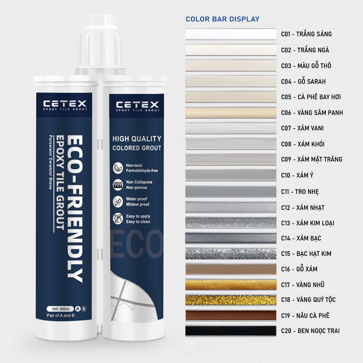 Keo chít mạch 2 thành phần, keo chà ron gạch epoxy chống thấm bám bẩn dùng cho sàn nhà gạch men Cetex