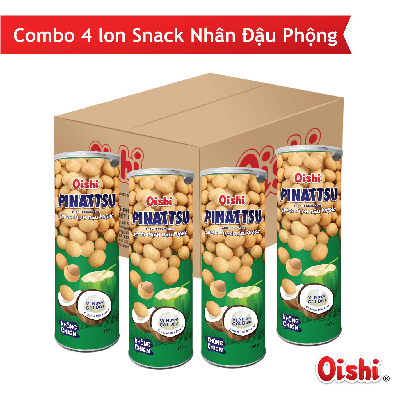 Combo 4 lon Snack Nhân Đậu Phộng Vị Nước Cốt Dừa - 180gr lon