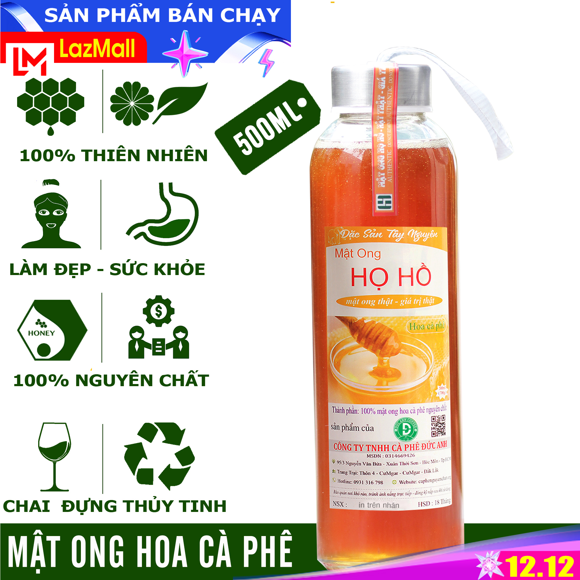 Mật ong nguyên chất hoa cà phê Họ Hồ, chai thủy tinh 500ml - thương hiệu mật ong Họ Hồ mật thật giá trị thật