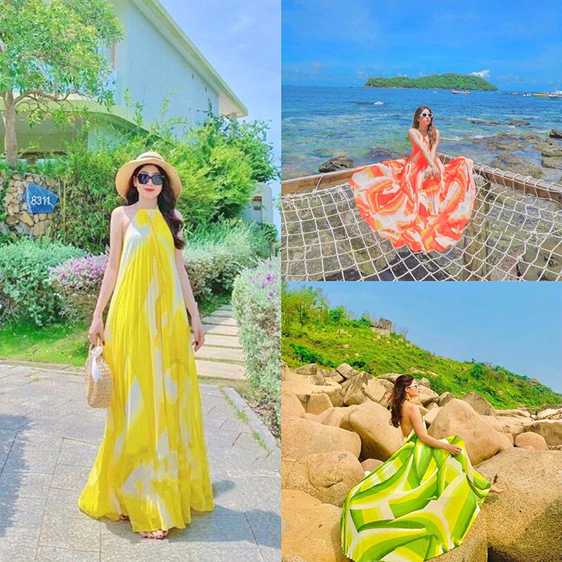Đầm maxi đi biển cổ yếm dáng dài dập ly phối màu xanh vàng xinh đẹp đi dạo du lịch chụp hình sống ảo dễ thương cá tính