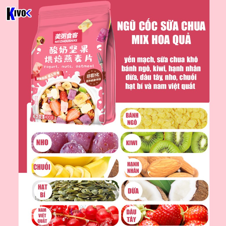 [GÓI HỒNG] Ngũ Cốc Giảm Cân Sữa Chua Trái Cây Mix Hạt Sấy Khô Oatmeal Yến Mạch Meizhoushike 400g - Ngũ Cốc Ăn Kiêng Dinh Dưỡng Ăn Liền - Đồ Ăn Vặt Nội Địa Trung Quốc