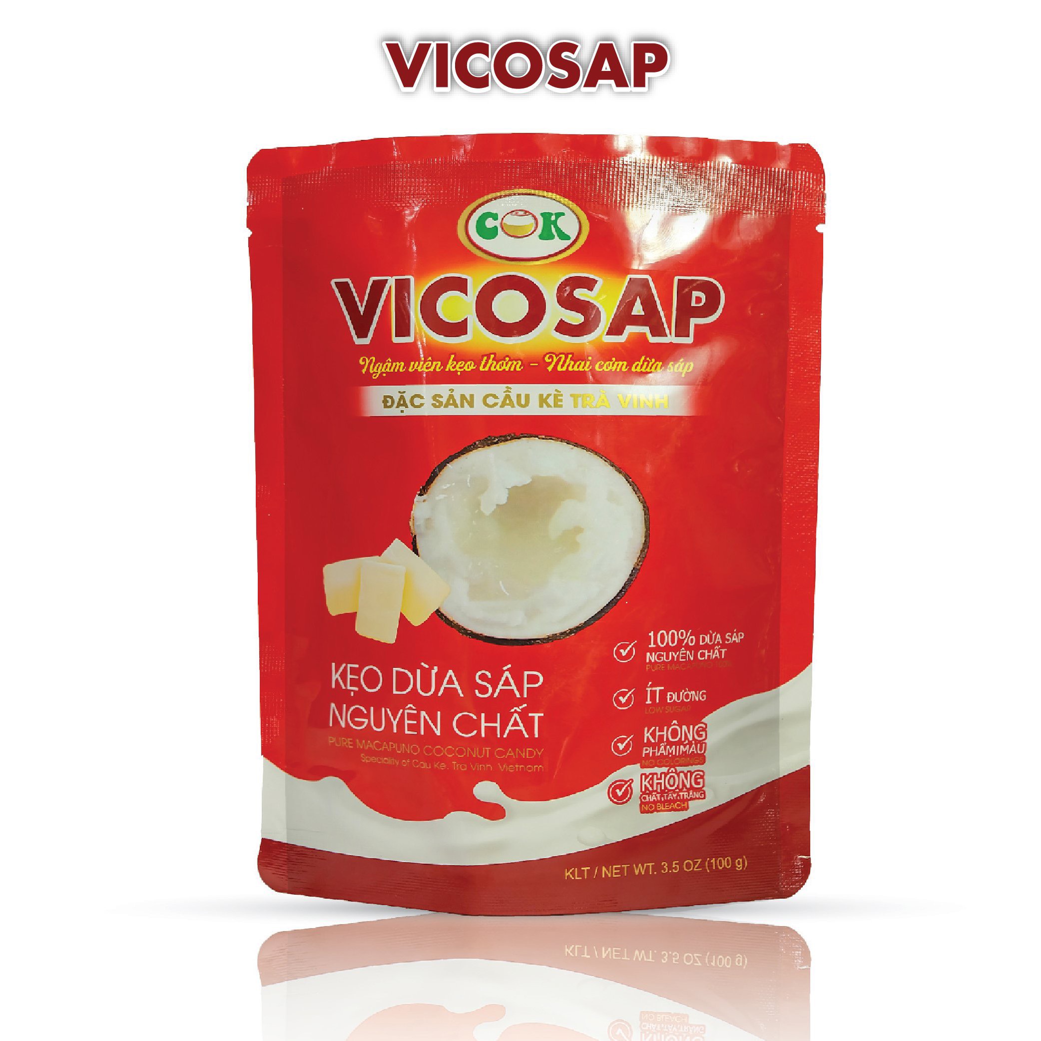 Kẹo dừa sáp nguyên chất VICOSAP 100G - Đặc sản Cầu Kè Trà Vinh