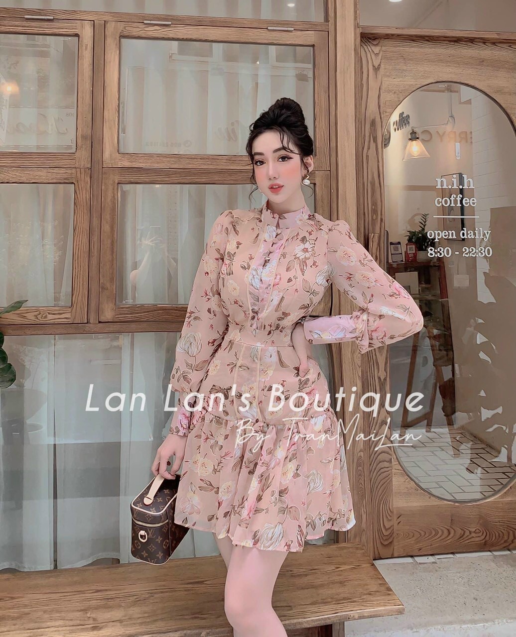 Váy đầm xòe hoa lá bèo cổ đứng tay phồng dài sang chảnh