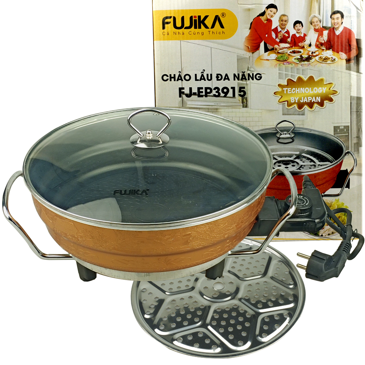 Chảo lẩu điện và dây nguồn chảo lẩu nướng hấp 3.5l fujika fj-3915 đa năng công suất 1350w dùng để nấu lẩu,nướng,hấp,chiên,xào,kho,nấu-hàng chính hãng