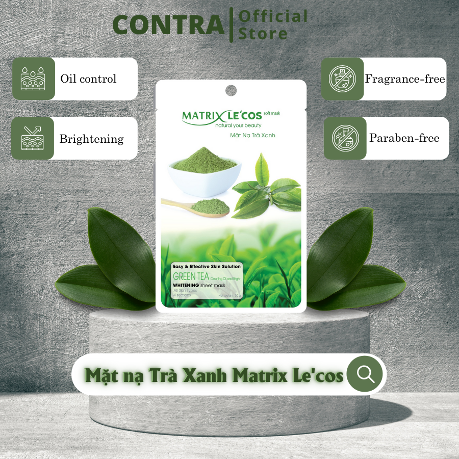 Mặt nạ giấy cấp ẩm làm mờ nếp nhăn Trà Xanh Matrix Lecos gói- Contra Cosmetics