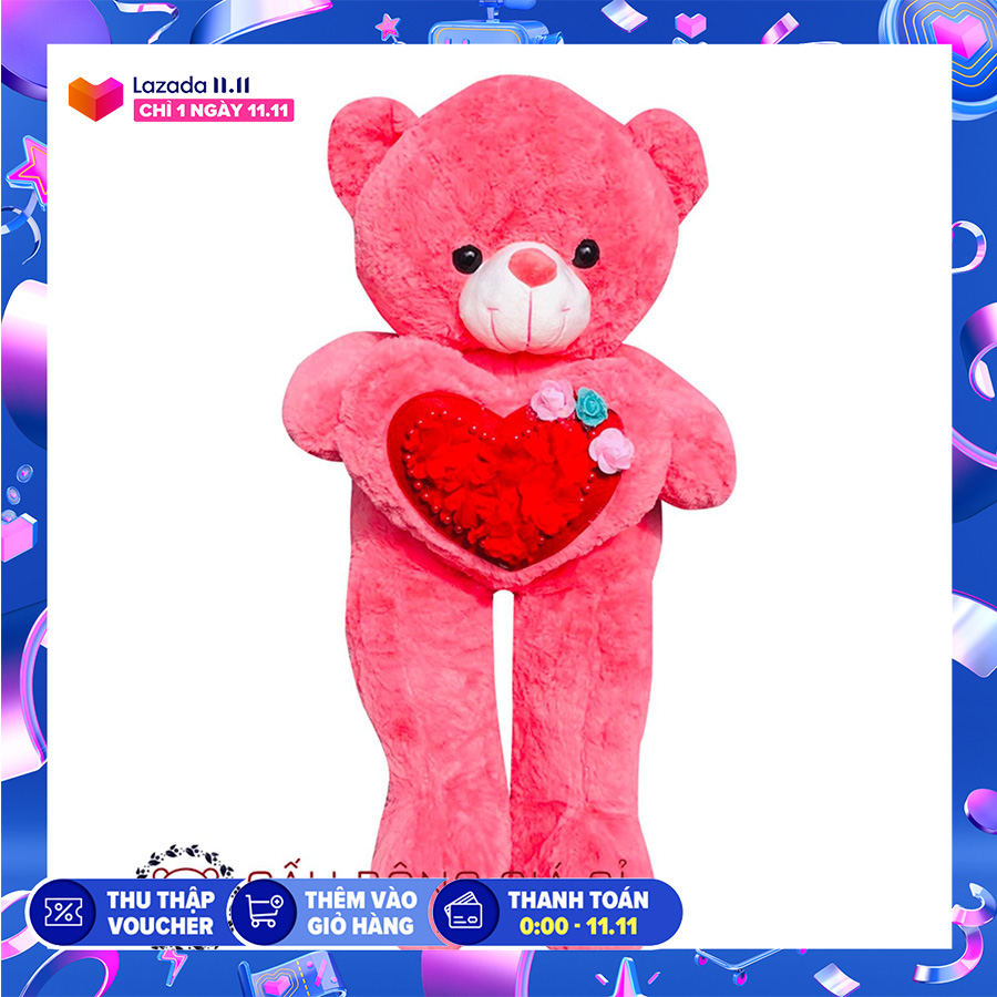 Gấu teddy ôm tim đính hoa khổ vải 1m