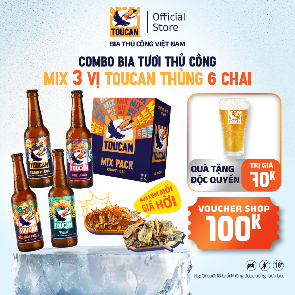 Combo Mix 3 Vị Kèm Mồi Tự Chọn - Bia Thủ Công Toucan Thùng 6 Chai 330ml (Chọn Vị)